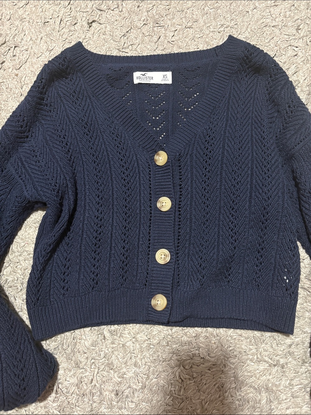 Hollister Navy Open-Knit V-Neck Button Front Cardigan